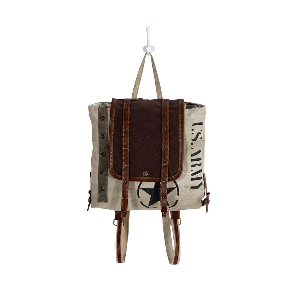Myra Bag Handmade Army Backpack Upcycled Canvas & Cowhide Leather - Picture 6 of 10